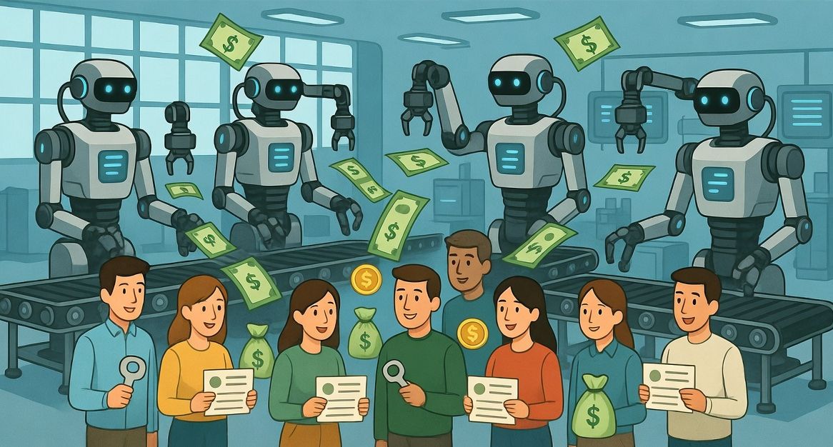 Workers holding ownership certificates in front of factory robots generating income